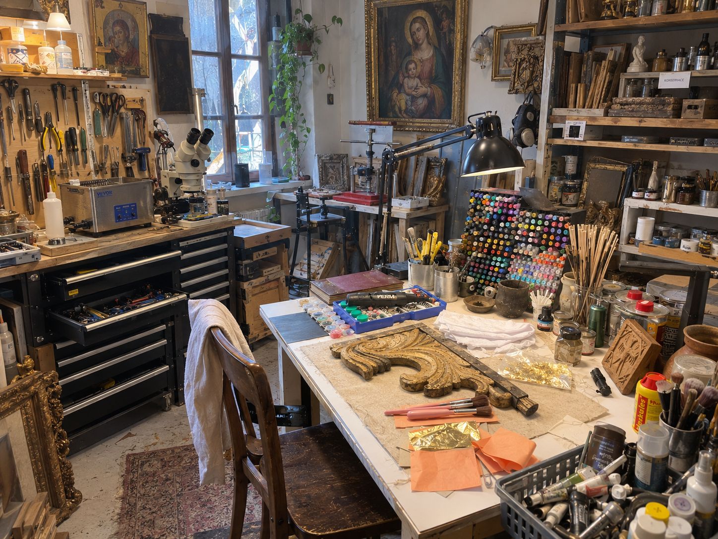 Restaurátorský ateliér České dílny v Ostravě – pracovní stůl, mikroskop, nářadí a obrazy na zdech